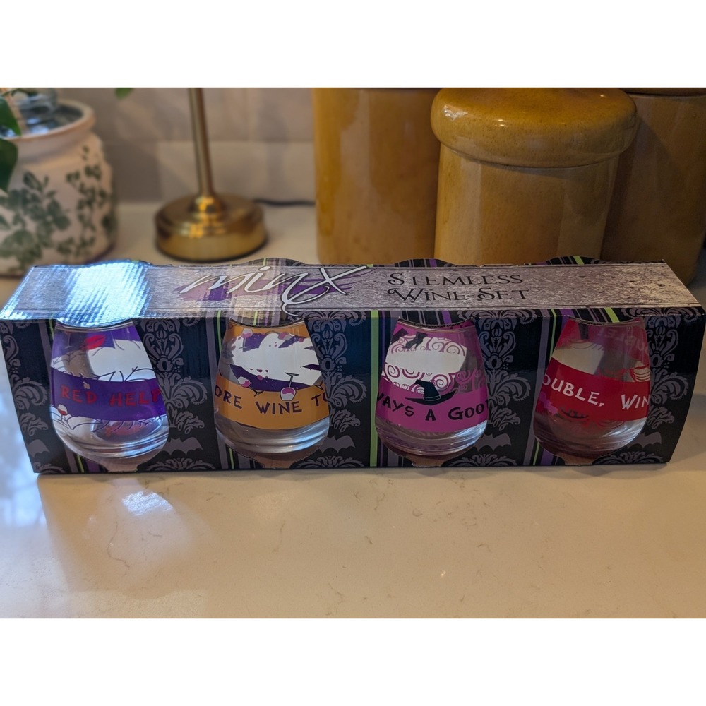 Minx Halloween Stemless Wine Glasses Set of 4 – Spooky Witchy Holiday Barware...
